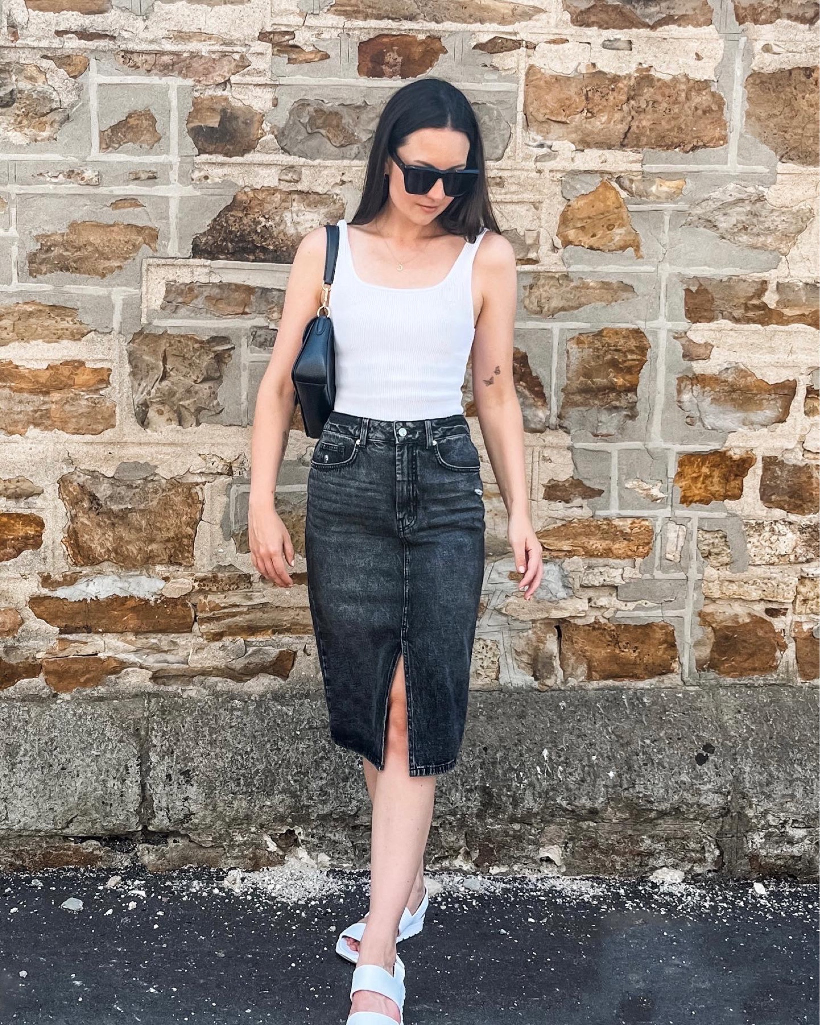 Summer outfits☀️

Black denim midi skirt white sandals white square neck tank top black shoulder bag neutral outfits women’s fashion everyday looks

#LTKstyletip #LTKtravel #LTKunder50