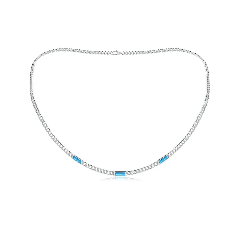 Bezel-Set Baguette Swiss Blue Topaz Three Stone Curb Link Chain Necklace | Angara Inc.