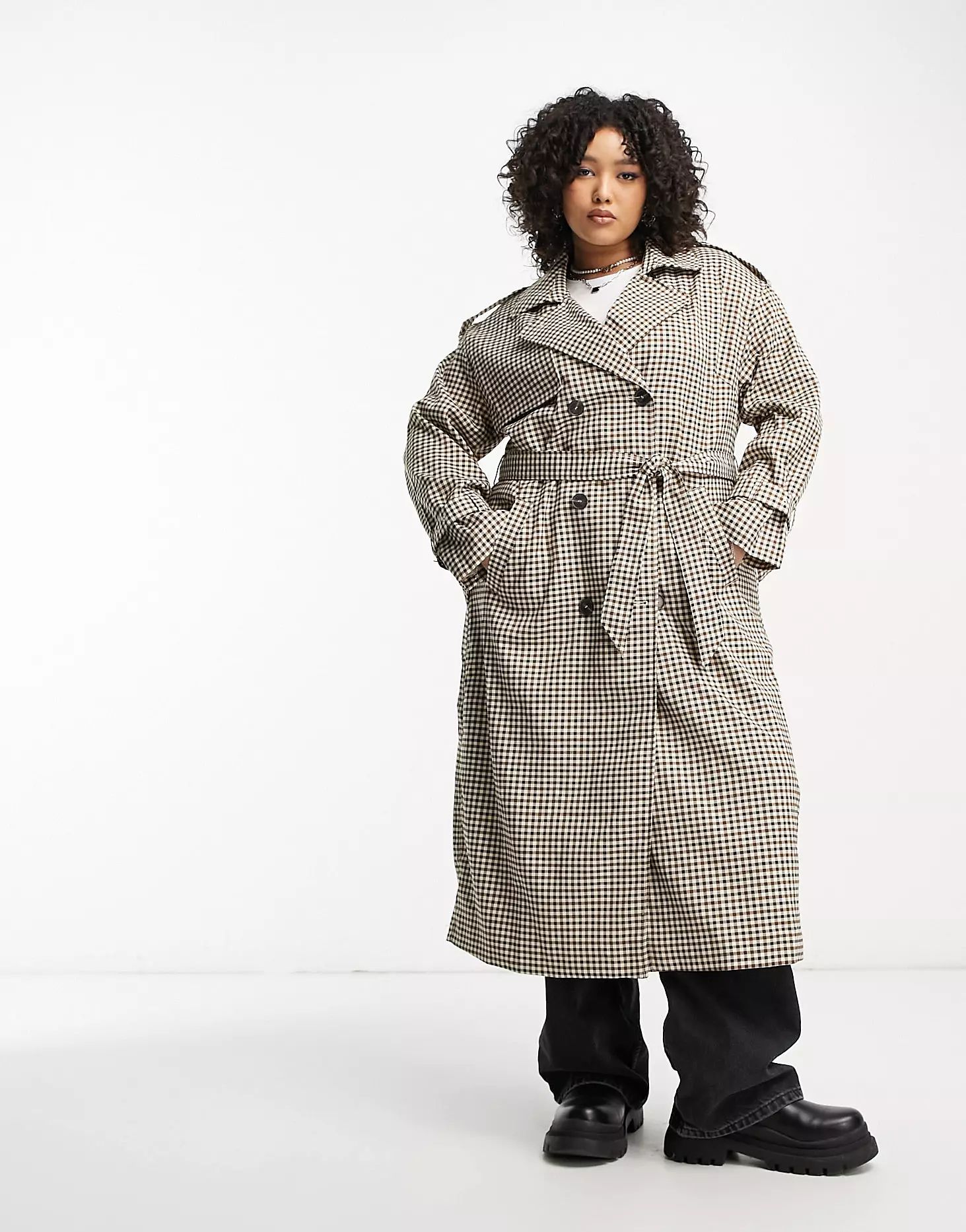 Only Curve trench coat in brown check  | ASOS | ASOS (Global)