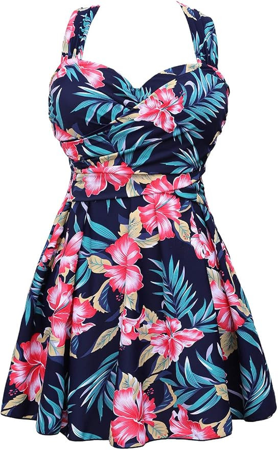 COCOPEAR Women's Elegant Crossover One Piece Swimdress Floral Skirted Swimsuit | Amazon (US)