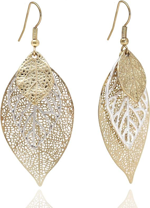 Pomina Choco Gold Fashion Fall Leaf Boho Earrings Gold Silver Two Tone Filigree Leaf Dangle Drop ... | Amazon (US)