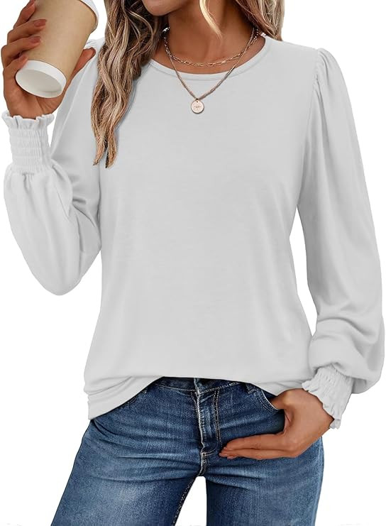 ATHMILE Fall Long Sleeve Shirts for Women Business Casual Crewneck Tops Dressy Blouses with Smock... | Amazon (US)