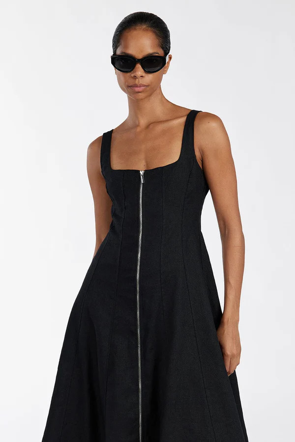 HARRIET BLACK LINEN MIDI DRESS | DISSH