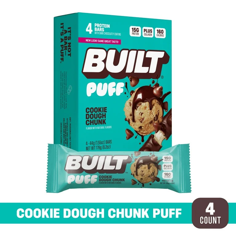 BUILT Bar Protein Bar, Cookie Dough Chunk Puff, 15g Protein, Collagen, 4 Count Box, 1.55 oz Bars | Walmart (US)
