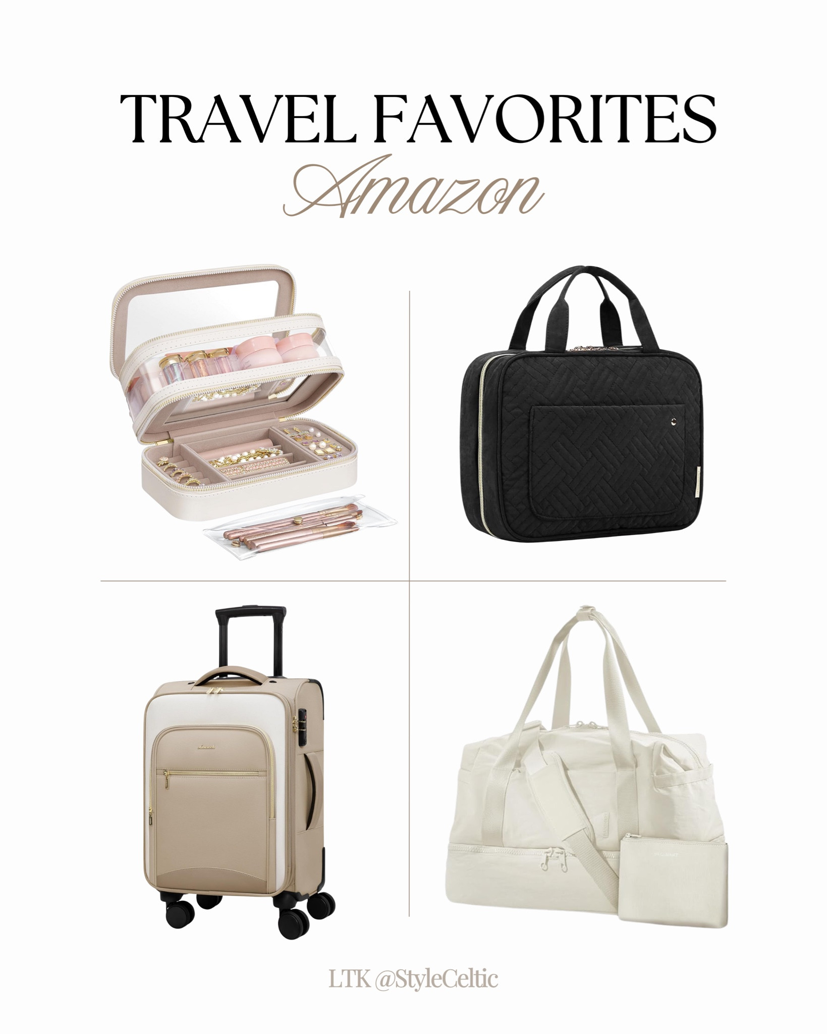 Amazon Travel Favorites ✨
.
.
Amazon travel, toiletry bags, bagsmart, duffle bags, carry on bags, carry on luggage, travel organizers, hanging toiletry bag, luggage, BEIS inspired, beige duffel bags, aesthetic travel bags, travel gifts, airport style, airplane style, travel items, jewelry box, jewelry organizer, makeup organizer, skincare organizers, dagne dover inspired, travel deals, travel essentials, travel bags, travel totes, travel necessities, tan bags, black bags, travel jewelry case, makeup case, toiletry case, soft cover luggage 