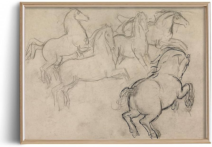 Vintage Farmhouse Horse Wall Art - Horse Drawing Etching Rustic Gray Picture - Beige Equine Pony ... | Amazon (US)