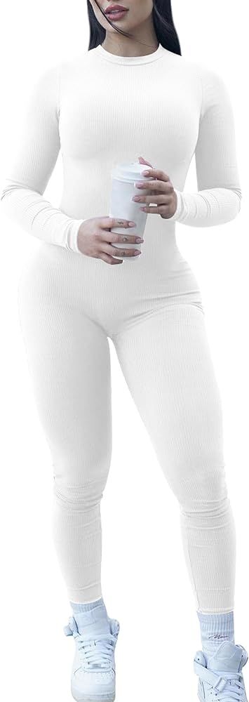 VASAUGE Women's Sexy One Piece Long Sleeve Jumpsuits Ribbed Crew Neck Club Rompers | Amazon (US)