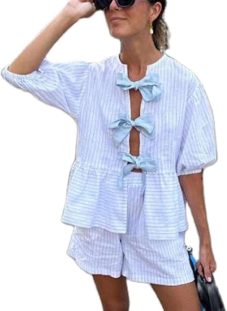 KMBANGI Women Tie Front 2 Piece Pajama Gingham Lounge Set Short Sleeve Babydoll Shirt Blouse Plai... | Amazon (US)