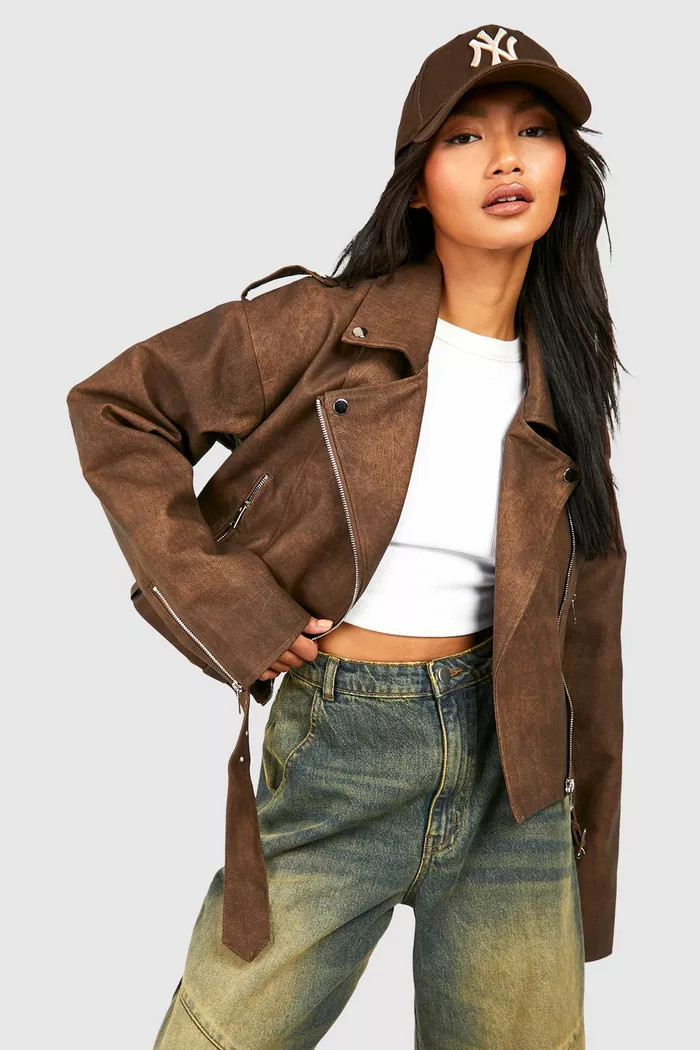 Vintage Look Faux Leather Moto Jacket | boohoo (US & Canada)