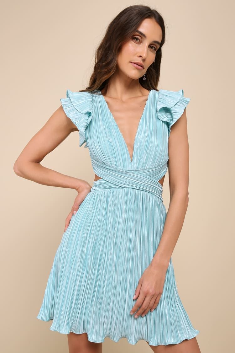 Captivating Delight Teal Blue Plisse Satin Lace-Up Mini Dress | Lulus