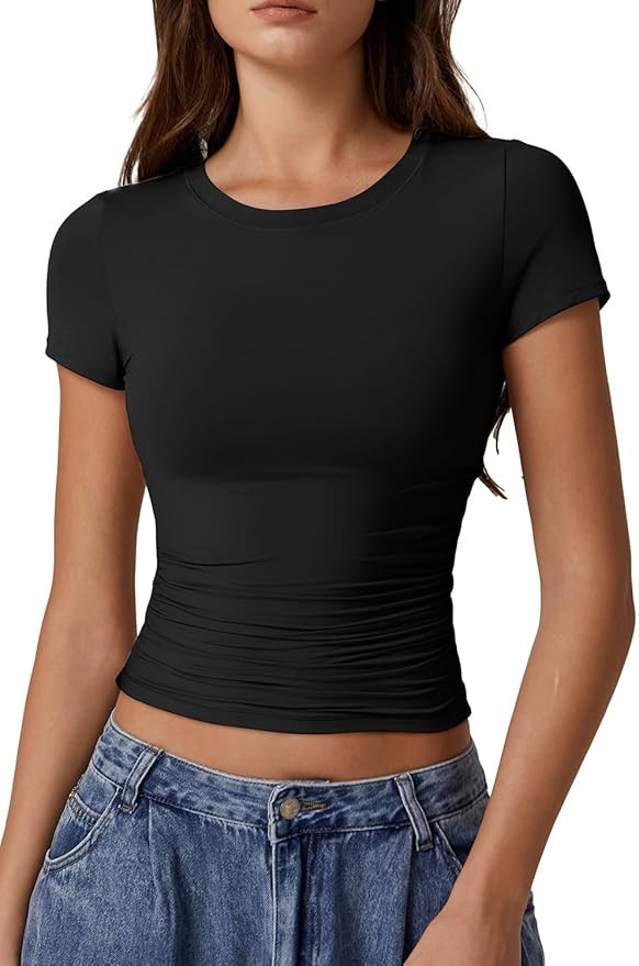 QINSEN Short Sleeve Shirts for Women Round Neck Basic Double Lined Tees Fitted Y2k Crop Tops | Amazon (US)