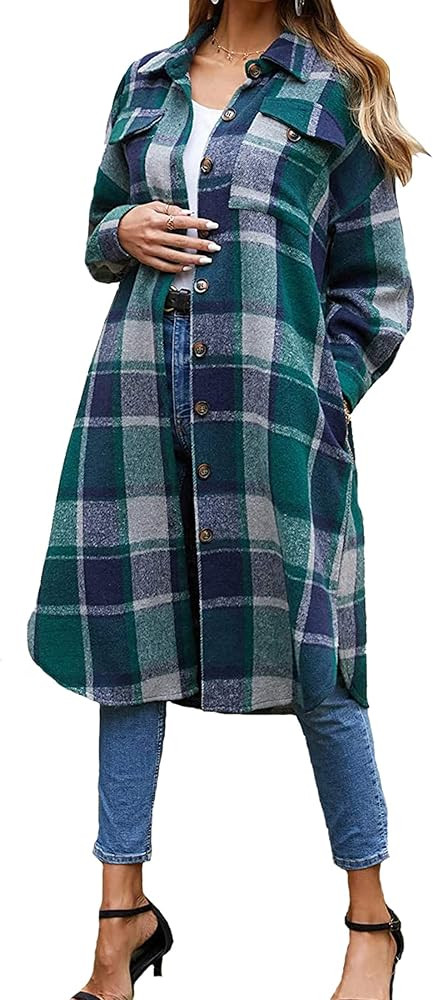 GEOUSLY Womens Long Sleeve Button Up Flannel Lapel Plaid Shacket Jacket Coat with Pockets | Amazon (US)