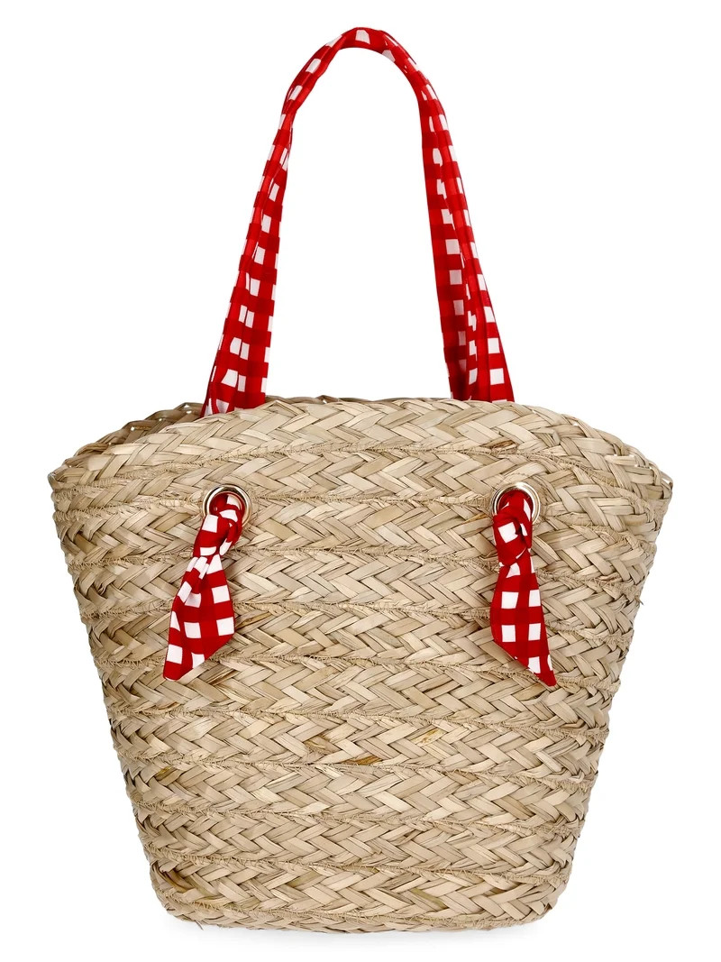 Time and Tru Women's Seagrass Beach Tote, Natural/Red | Walmart (US)