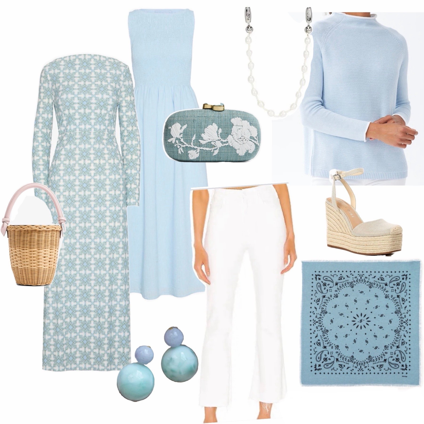 Eyeing and buying for spring- part 1! 
A few extra items not pictured also linked! 💙
Spring style, spring sale, spring shopping, spring outfit, mom style, resort wear, vacation style, blue dress, bandana scarf, wicker bag, phone strap, pearls, espadrilles 

#LTKOver40 #LTKSeasonal #LTKmomlife