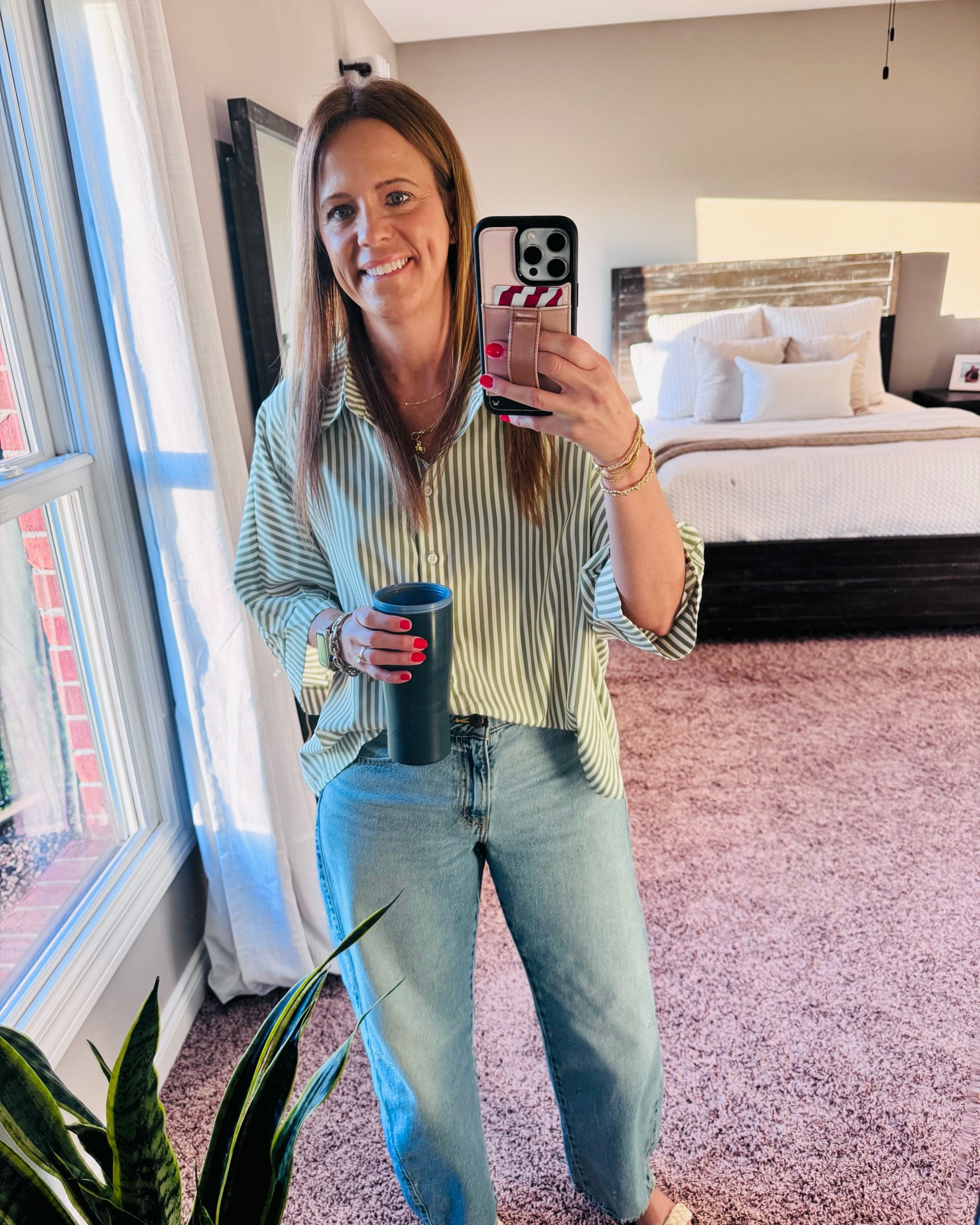 Work outfit: comfortable, polished, and effortlessly put-together. 🤍🌿

Keeping it classic with barrel jeans, a striped button-down, and a few simple gold accessories. Add  my natural, weight control energy coffee and I’m ready to tackle the day. ☕️✨

. #Workwear #WorkOutfit #CasualWorkwear #OOTD #EverydayStyle #StyleInspo

#LTKmomlife #LTKootd #LTKOver40