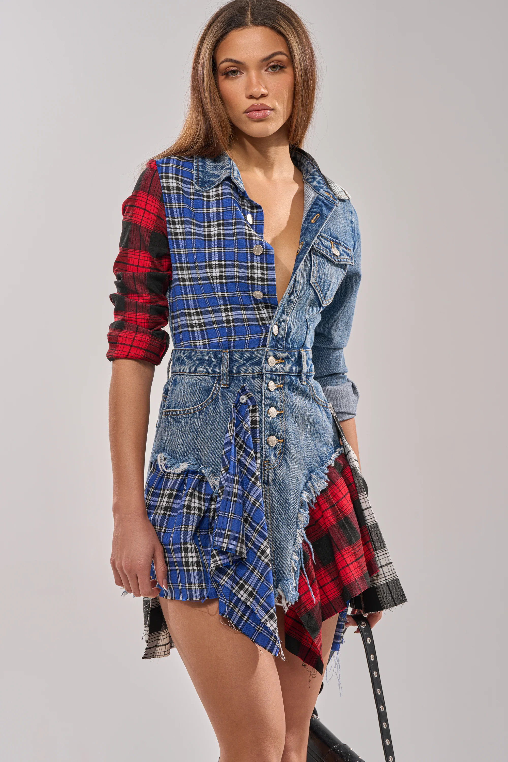 PATCHWORK PLAID DENIM MINI DRESS | AKIRA