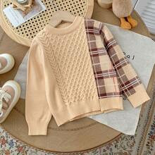 Young Boy Khaki Plaid Patchwork Twist Knit Pullover Sweater Displays A Design Style Of Classic And Fashion Coexisting. The Unique Plaid Patchwork And | SHEIN