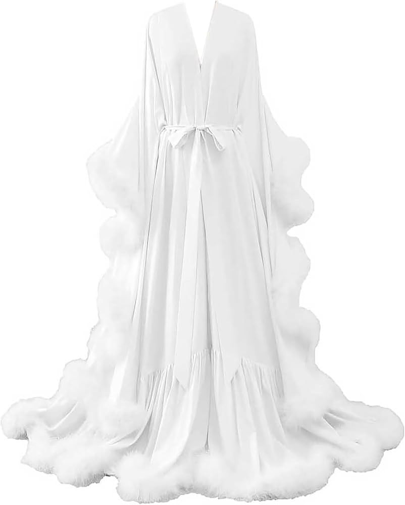 Womens Sexy Feather Bridal Robes Silk Satin Long Nightgown Bathrobe Sleepwear Maternity Robe for ... | Amazon (US)