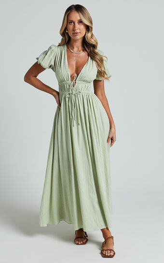 Matteo Midi Dress - Deep V Neck Puff Sleeve Dress in Sage | Showpo (US, UK & Europe)