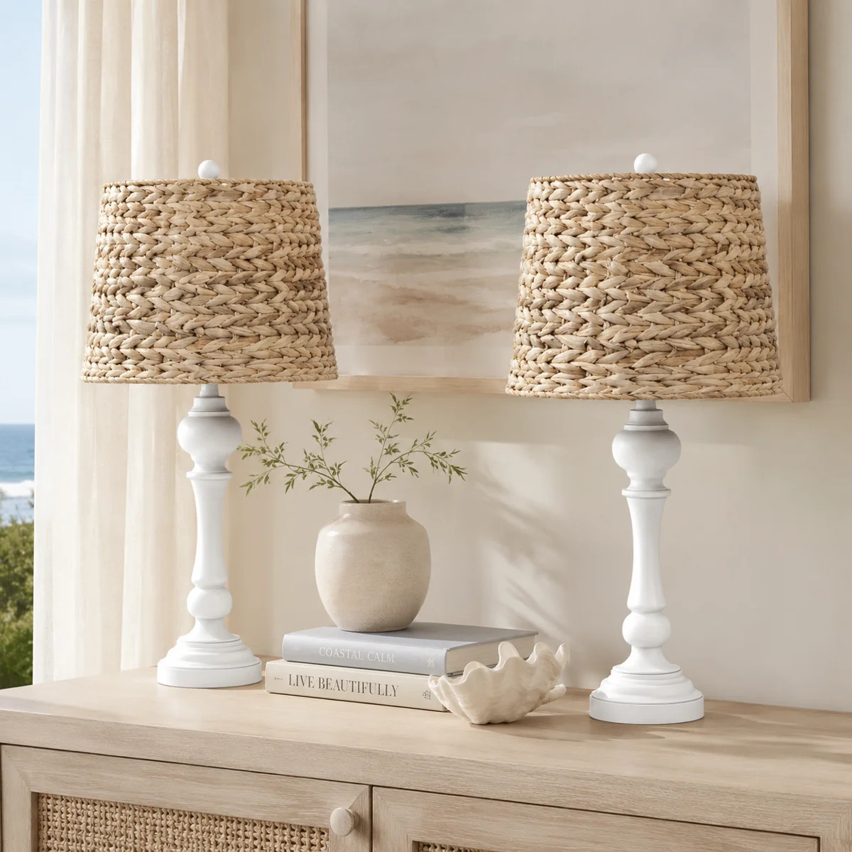 Arcola 26" Boho Farmhouse White Resin Table Lamp with Handmade Rattan Shade (Set of 2) | Wayfair North America
