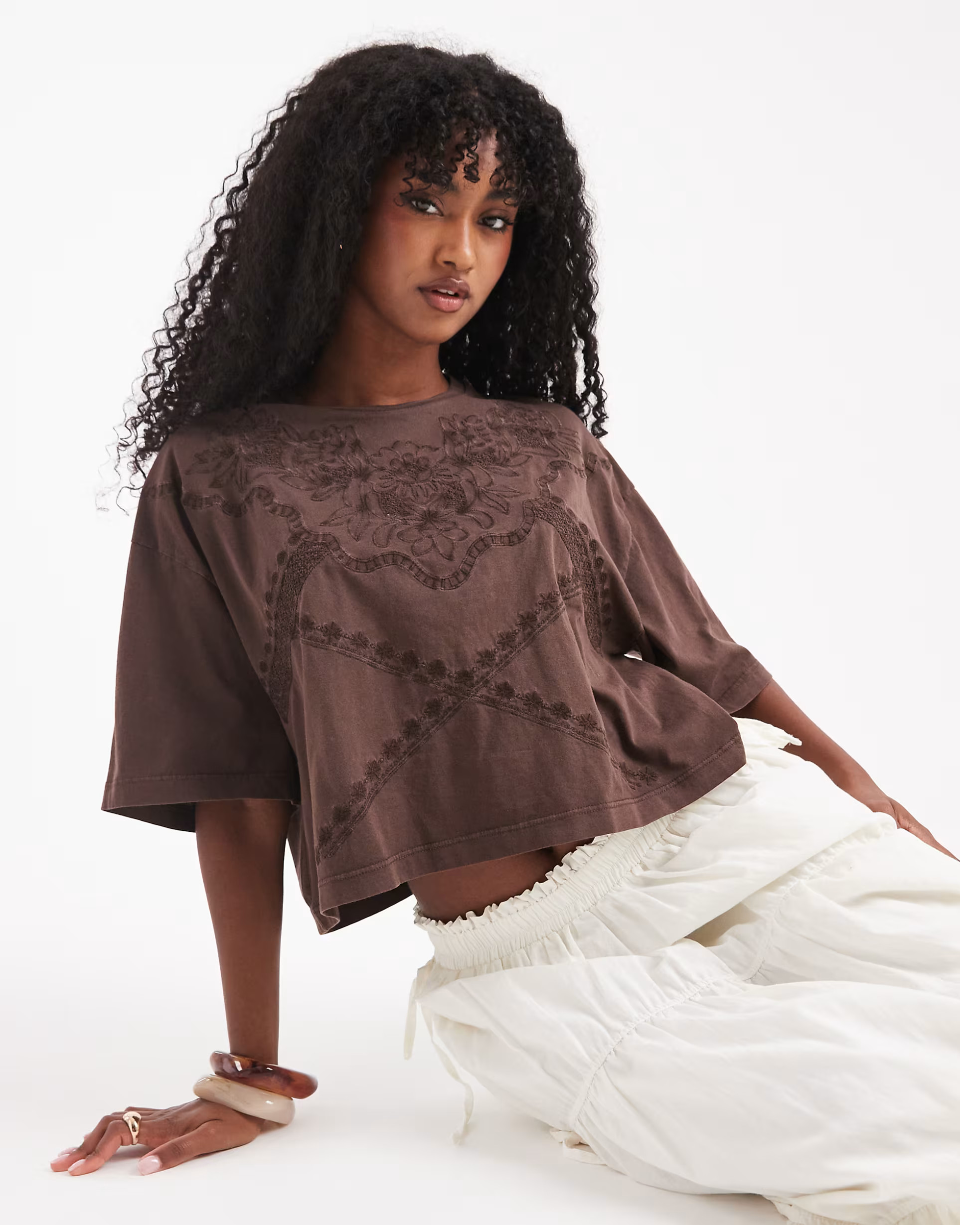 Miss Selfridge western embroidered cropped tee in chocolate | ASOS (Global)