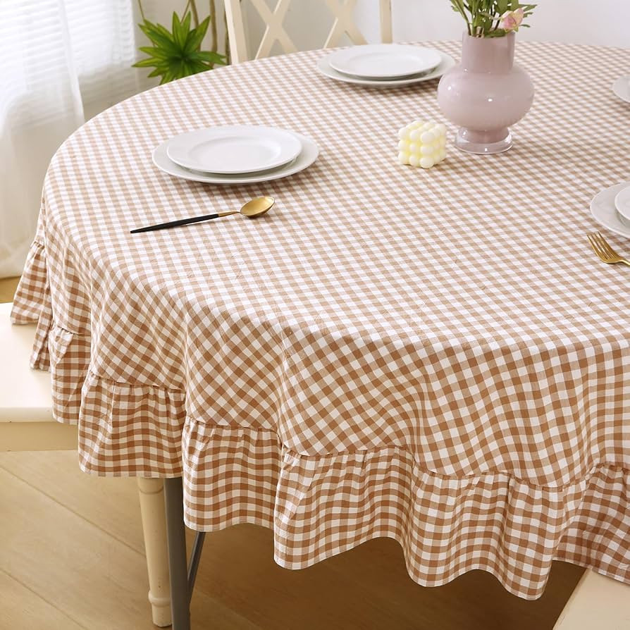 Taupe Plaid Ruffled Table Cloth Round Cover for Seat 4-6, 100% Washed Cotton Farmhouse Checker Gi... | Amazon (US)