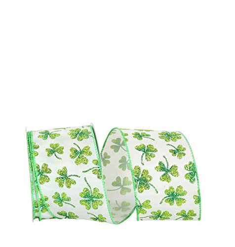 Glitter Green Shamrock's Wired Ribbon - 2 1/2" x 10 Yards, White Fabric, St. Patrick's Day, St.Paddy's, White Ribbon, Earth Day, Spring, Birthday, Wreath, Gift Bow, Decoration | Amazon (US)