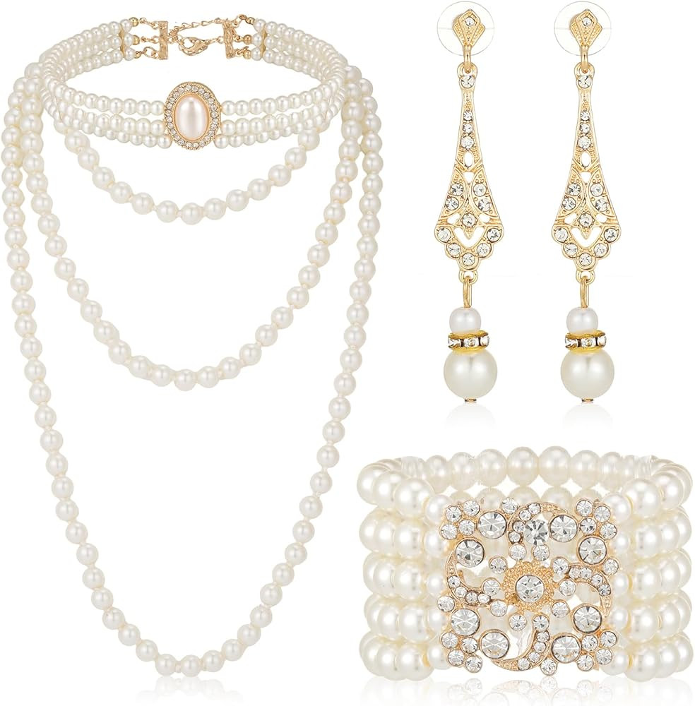 3 Pcs 1920s Pearl Jewelry Set - Including Pearl Necklace, Dangle Rhinestone Earrings & Bracelet f... | Amazon (US)