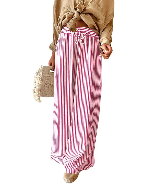 Acelitt Women Casual Drawstring Elastic Waist Striped Wide Leg Pants with Pockets, S-XXL | Amazon (US)