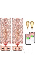 Crystal Table Lamp, Hong-in Rose Gold Lamp with USB Ports, 3 Way Dimmable Light with Crystal Lampsha | Amazon (US)