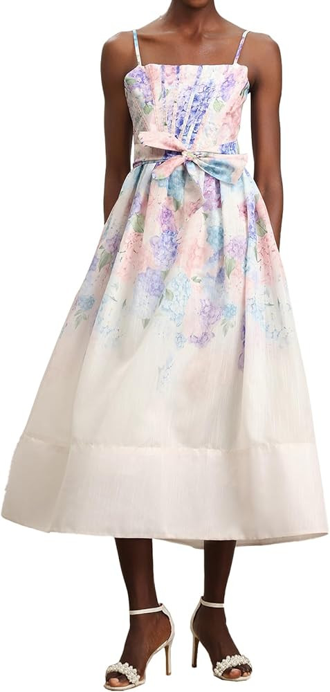 Floral Spaghetti Strap Waist Bow Dress Cheerful Lightweight Fabric Summer Tea Party Dress | Amazon (US)