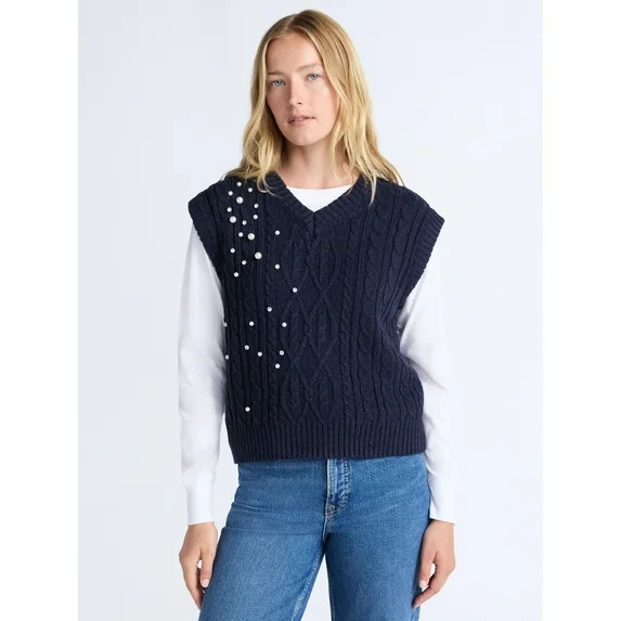 Free Assembly Women's Embellished V-Neck Cable Sweater Vest, Sizes XS-XXL | Walmart (US)