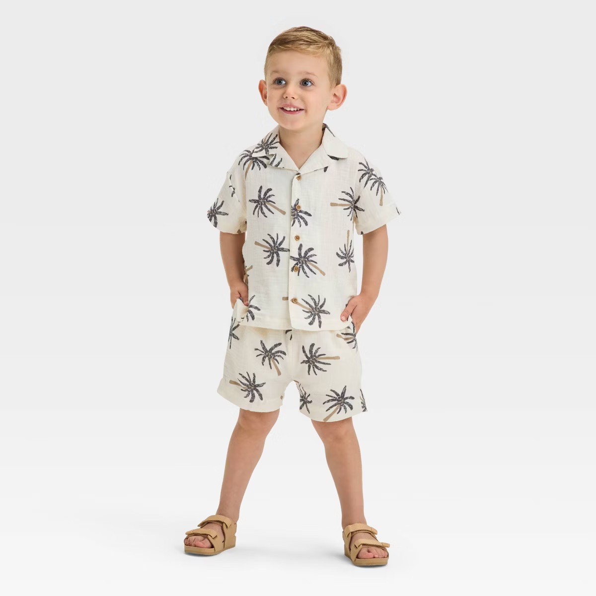 Grayson Mini Toddler Boys' Short Sleeve Palm Tree Printed Woven Gauze and Shorts Set - Off-White | Target