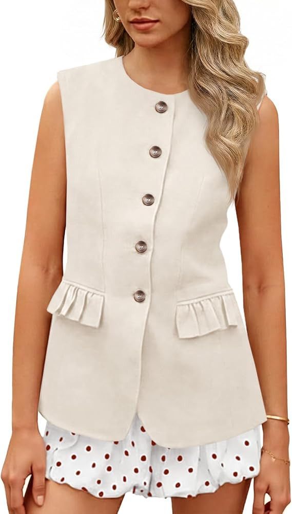 Cicy Bell Womens Blazer Vest Tops Crew Neck Ruffle Flap Pockets Sleeveless Suit Vests Summer Busi... | Amazon (US)