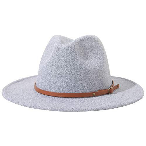 Lanzom Women Lady Felt Fedora Hat Wide Brim Wool Panama Hats with Band (E-Light Grey) | Amazon (US)
