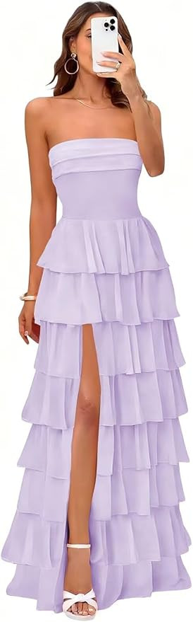 Tiered Ruffle Bridesmaid Dresses for Women Chiffon Strapless Evening Formal Dress with Slit | Amazon (US)