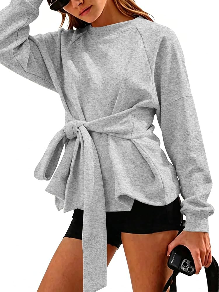 Fisoew Womens Tie Knot Sweatshirt Long Sleeve Casual Tops Wrap Pullover | Amazon (US)