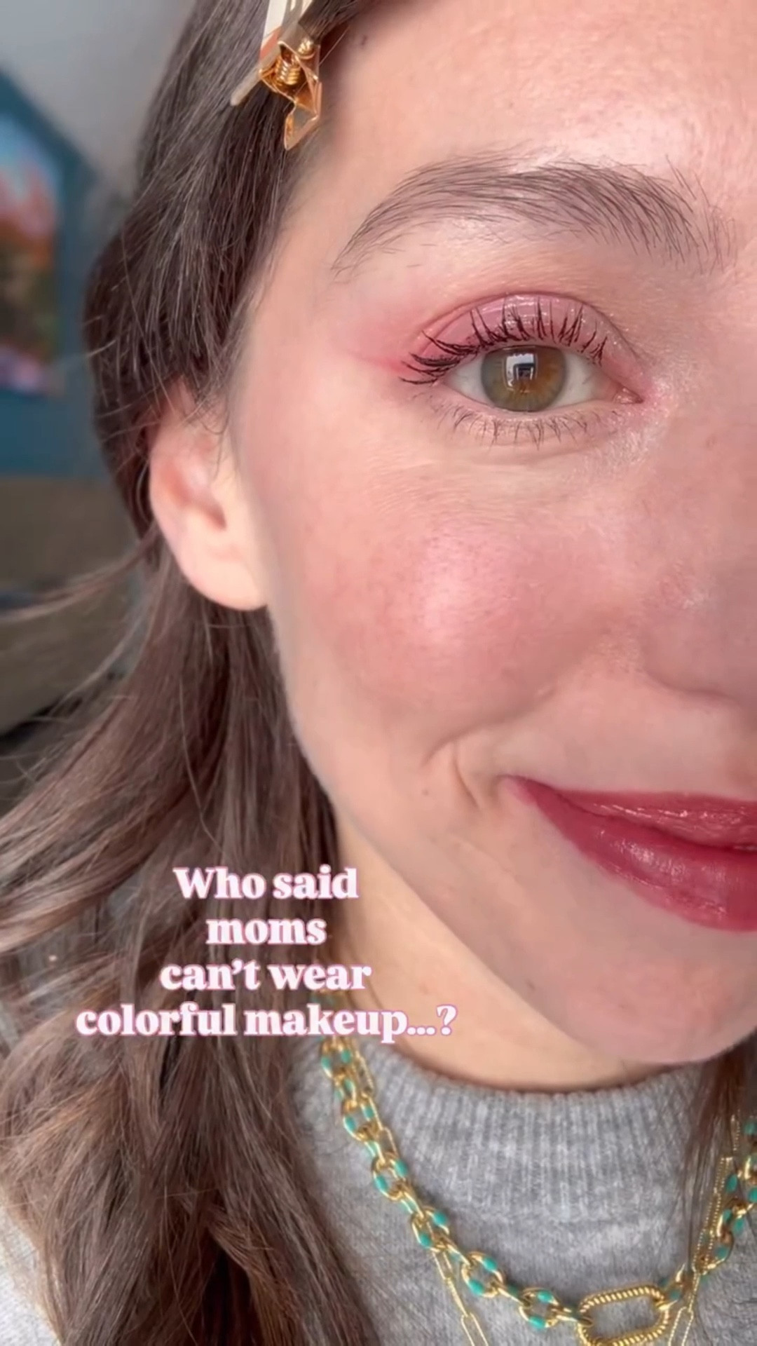 This easy eye makeup look uses a punchy pink blush from @rarebeauty, softly diffused with a brush or fingers. 

Soft pink and purple shimmery eyeshadow and a pink cat eye liner (using the same shadows) create a colorful look that really makes hazel eyes stand out.

A colorful everyday makeup look that still feels wearable and polished.

Mom or not…would you wear colorful eye makeup like this, or do you usually stick to neutrals?.
.
.
.
.
.
.
#everydaymakeuplook #colorfulmakeuplook #makeupeyeshadow #softglammakeuplook #pinkmakeuplook