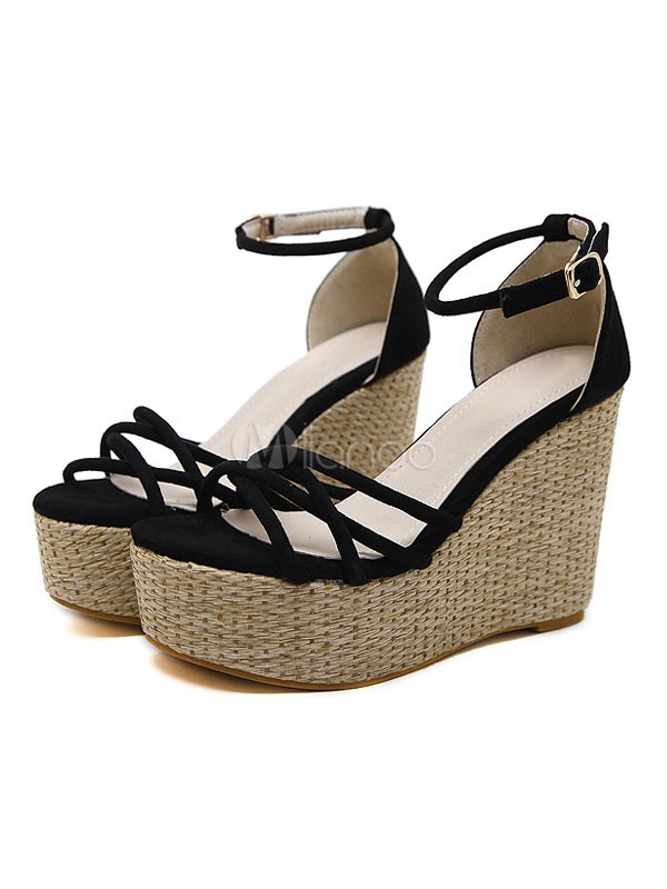 Black Wedge Sandals Open Toe Women Shoes Platform Ankle Strap Suede Sandal | Milanoo