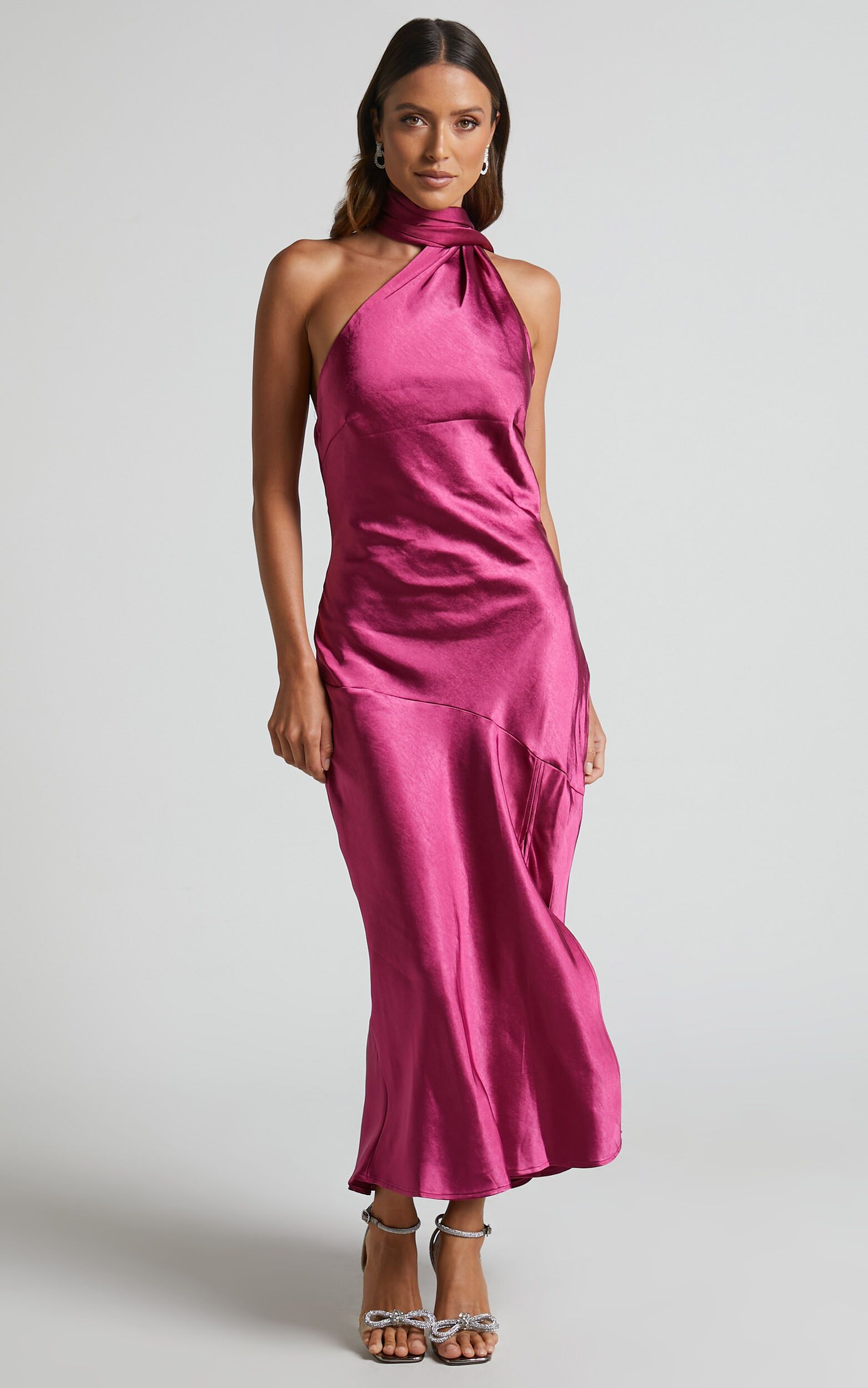 Evana Midi Dress - High Asymmetrical Neck Satin Slip Dress in FUSCHIA | Showpo (US, UK & Europe)