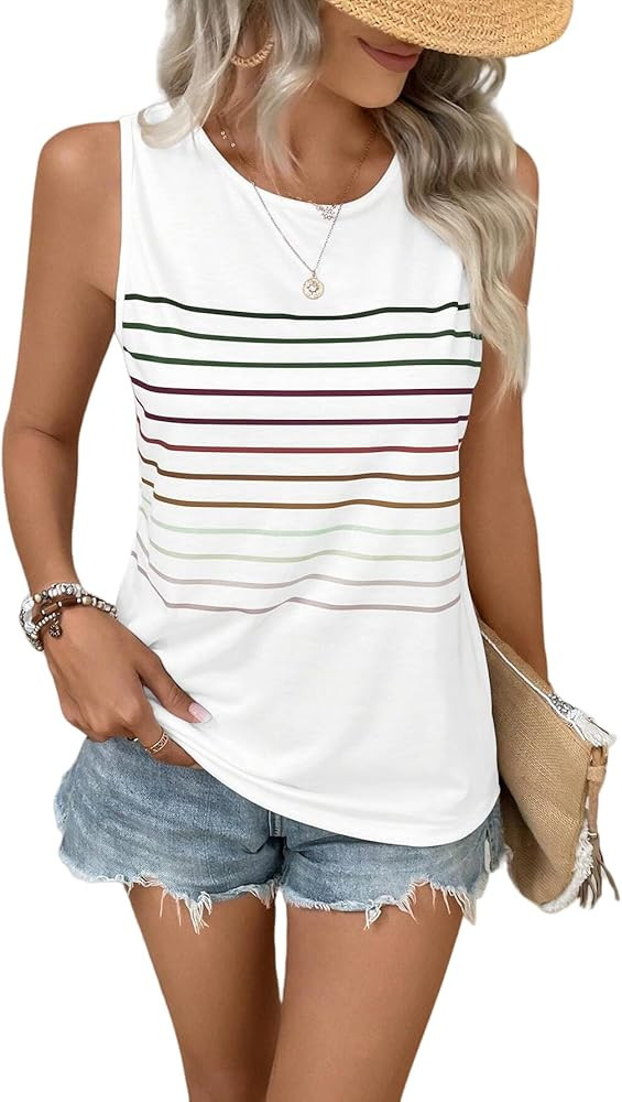 EyMuse Tank Tops for Women Summer Striped Sleeveless Tee Loose Casual Crewneck Shirts 2026 Fashio... | Amazon (US)