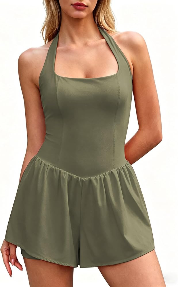 QINSEN Women's Halter Square Neck Romper Sleeveless Double Lined Jumpsuit Casual One Piece Outfit... | Amazon (US)