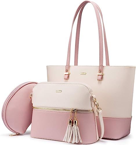 Handbags for Women Fashion Tote Bags Shoulder Bag Top Handle Satchel Purse Set 3pcs | Amazon (US)