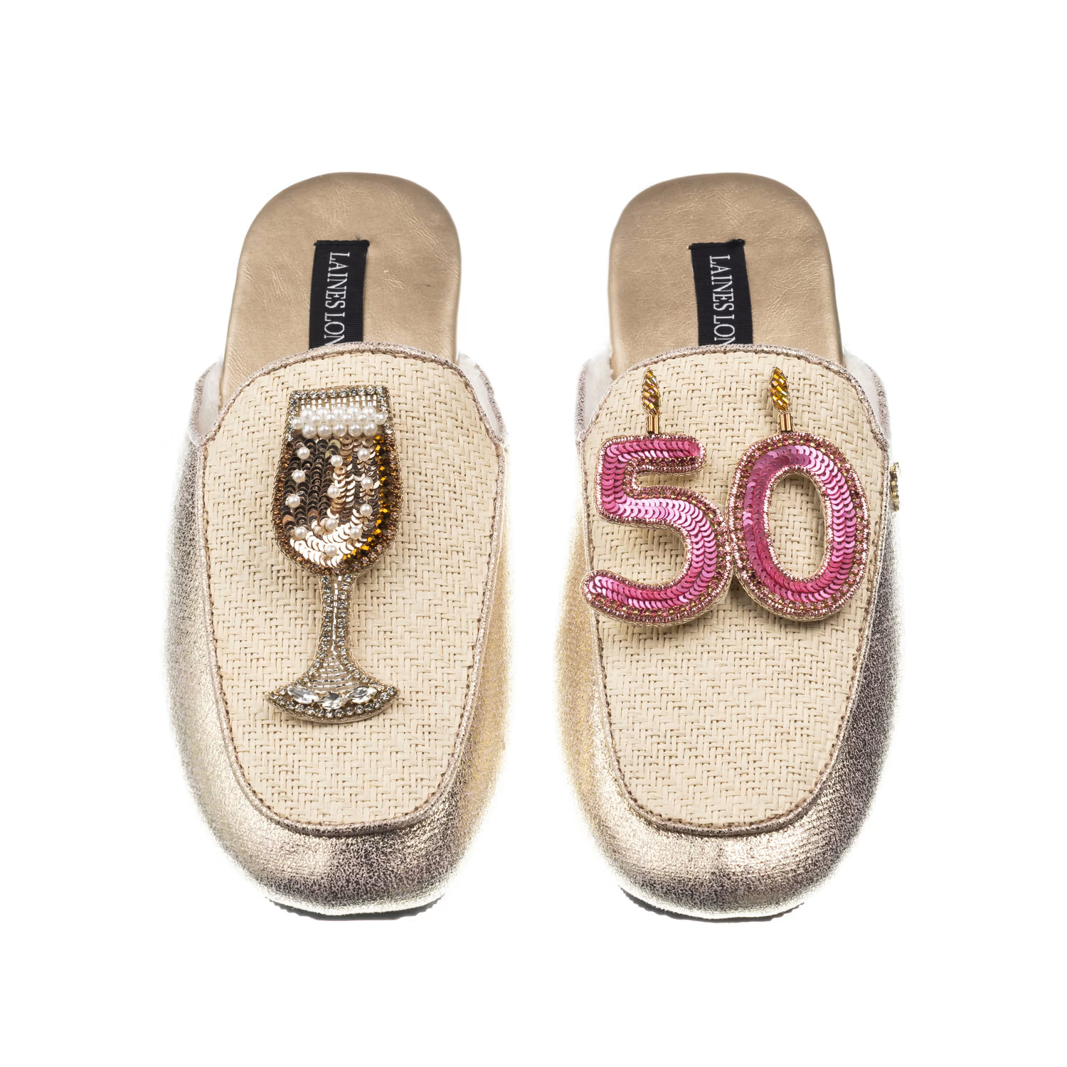 Classic Mules With 50Th Birthday & Glass Of Champagne Brooches - Cream & Gold | Wolf & Badger