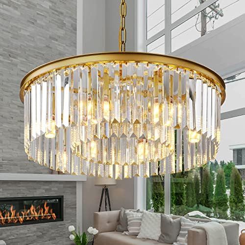 JHEANTCY 2-Tier Gold Modern Crystal Chandelier Ceiling Light Fixture, Dia 21.6" 6 Lights Round Cr... | Amazon (US)