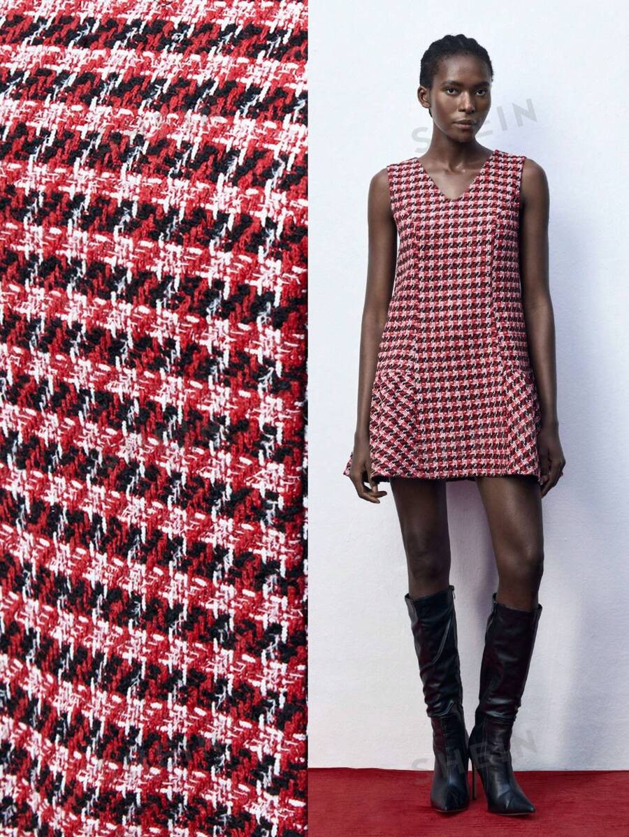 SHEIN Maija Women V-Neck Sleeveless Zippered Back Short Casual Dress, Autumn & Winter | SHEIN