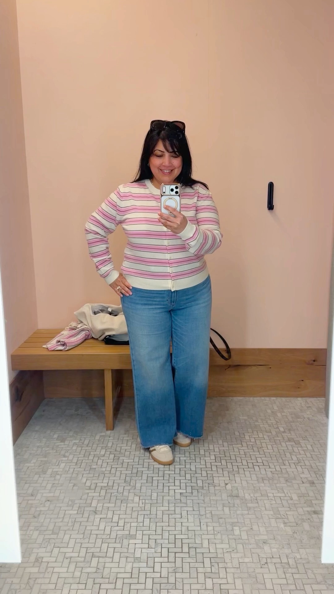 Love this striped cashmere cardigan for transitioning from winter to spring! Such a pretty color palette that can be paired with jeans, pants, shorts and skirts. I paired it with wide leg jeans here but this cardigan would also be perfect with the viral Aritzia lodge pants that can be dressed up or dressed down and make the perfect workwear or travel outfit! 

#LTKMidsize #LTKOver40 #LTKPetite