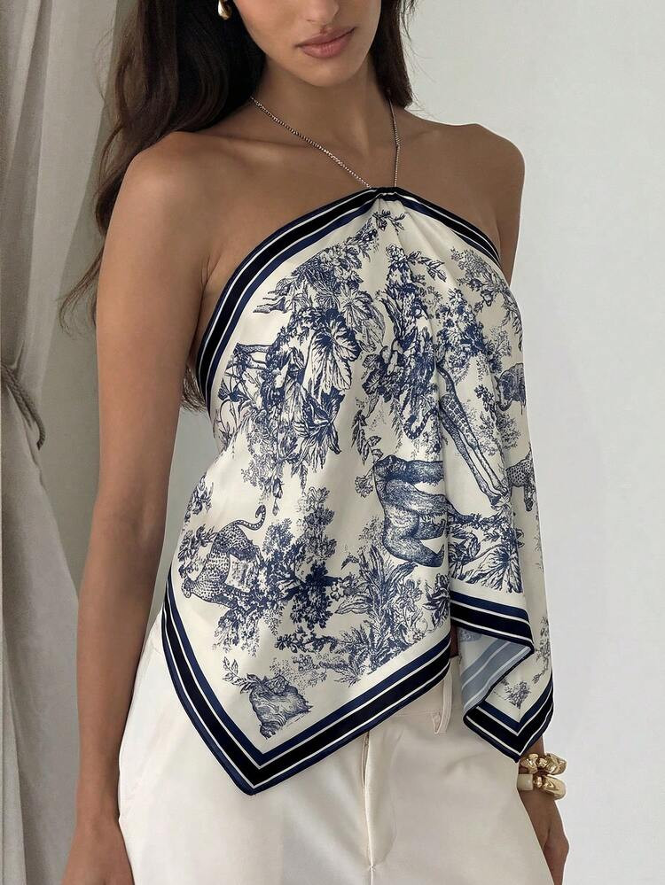 Aloruh Women's Elegant Tie-Dye Chiffon Printed Halter Neck Beach Vacation Top | SHEIN