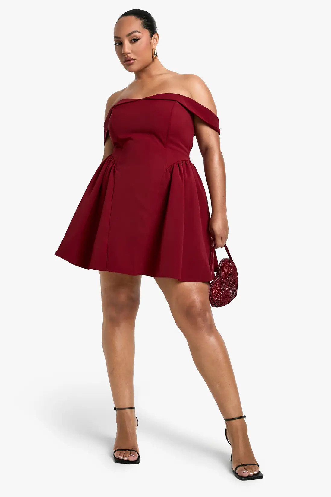 Berry Plus Off The Shoulder Pleated Skater Dress | Boohoo USA | boohoo (US & Canada)