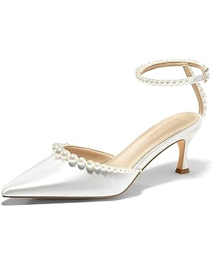 Coutgo Womens Pearl Kitten Heels Closed Pointed Toe Wedding Bride Dress Shoes Ankle Strap Satin P... | Amazon (US)